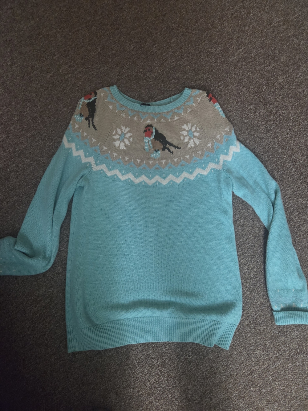 Talbots Aqua Bird Yoke Crewneck Sweater